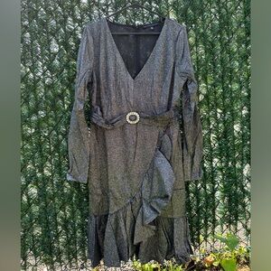 Symphony Shimmer Belted Asymmetrical Flare Hem V-neck Dress Black/Silver Size 2X